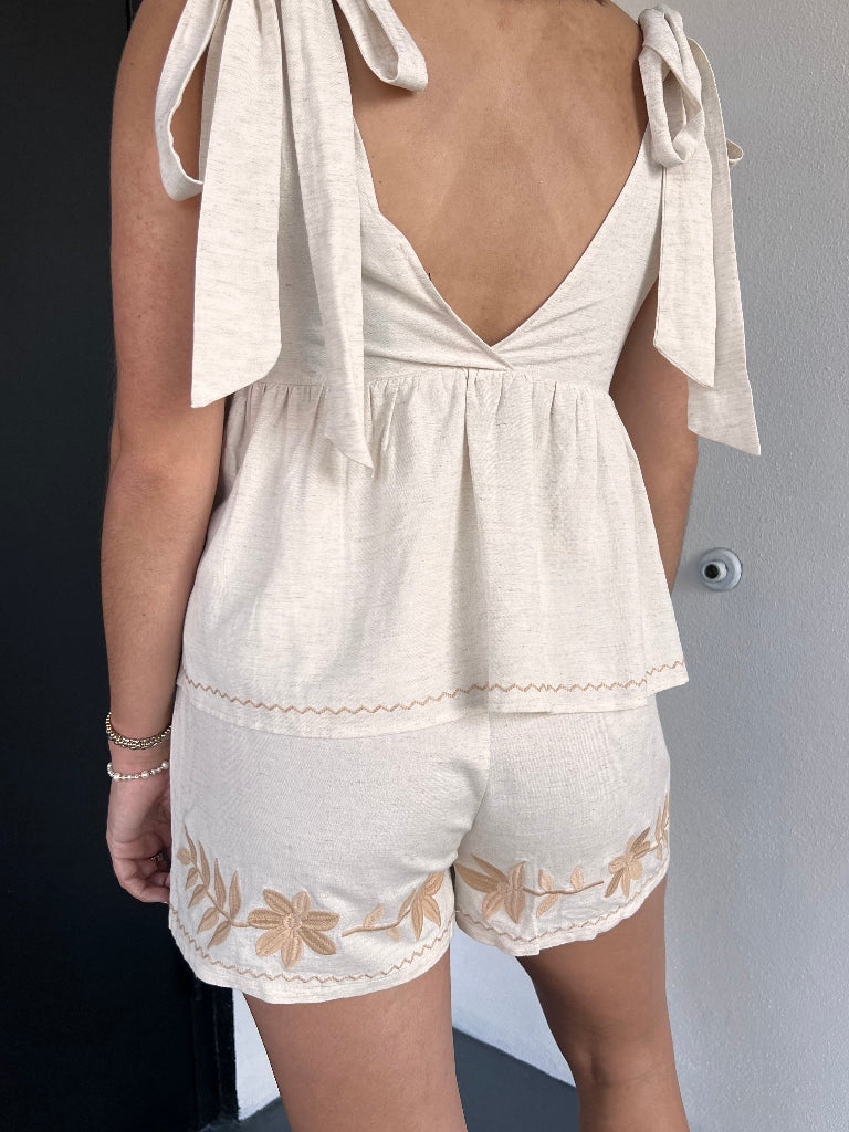 Jade Oatmeal Embroidered Tie Babydoll Tank Top