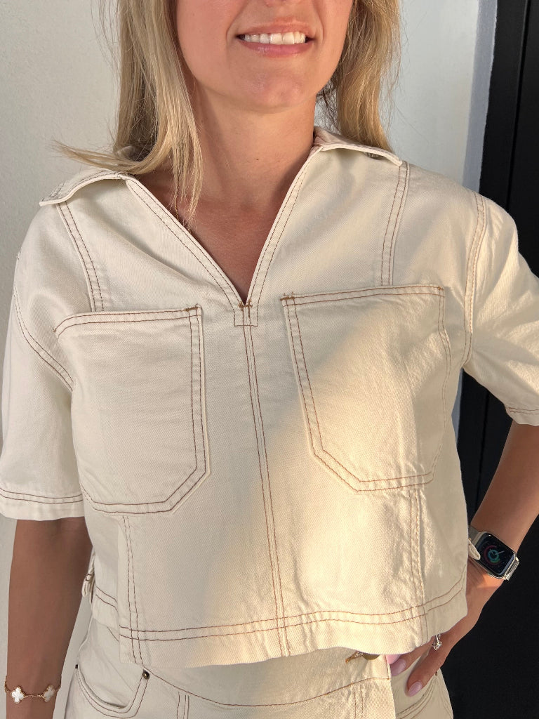 MILEY DENIM CROPPED SHIRT IN ECRU