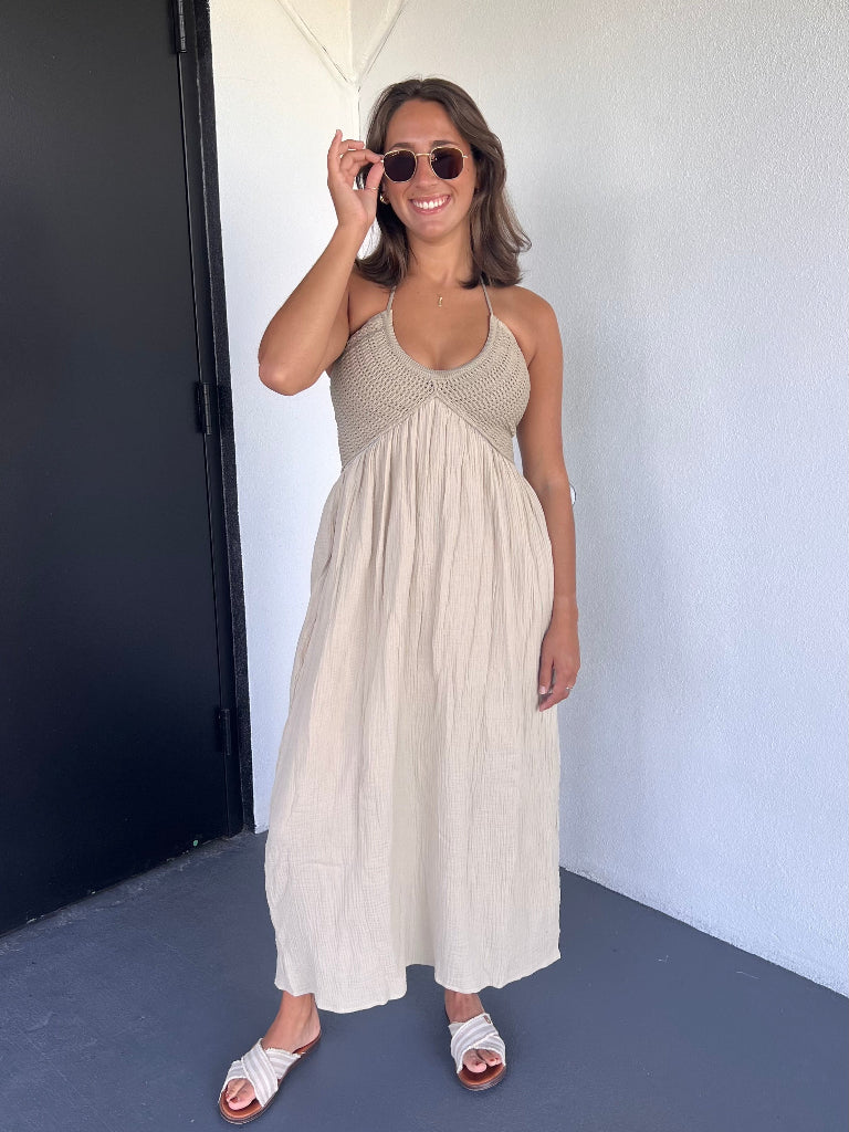 TALLULAH CROCHET MAXI DRESS IN SAND