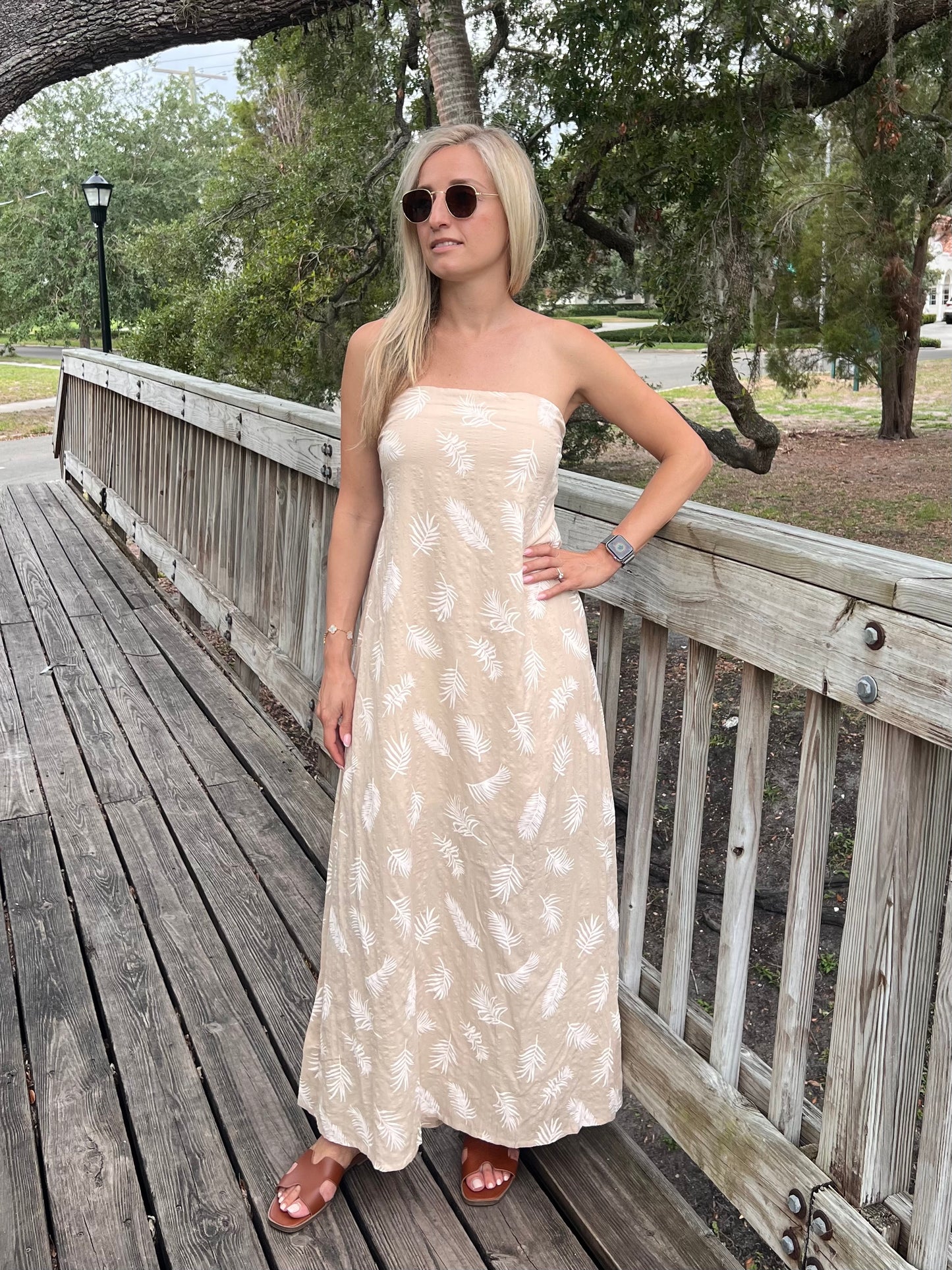 Eloise Feather Print Strapless Maxi Dress in Taupe