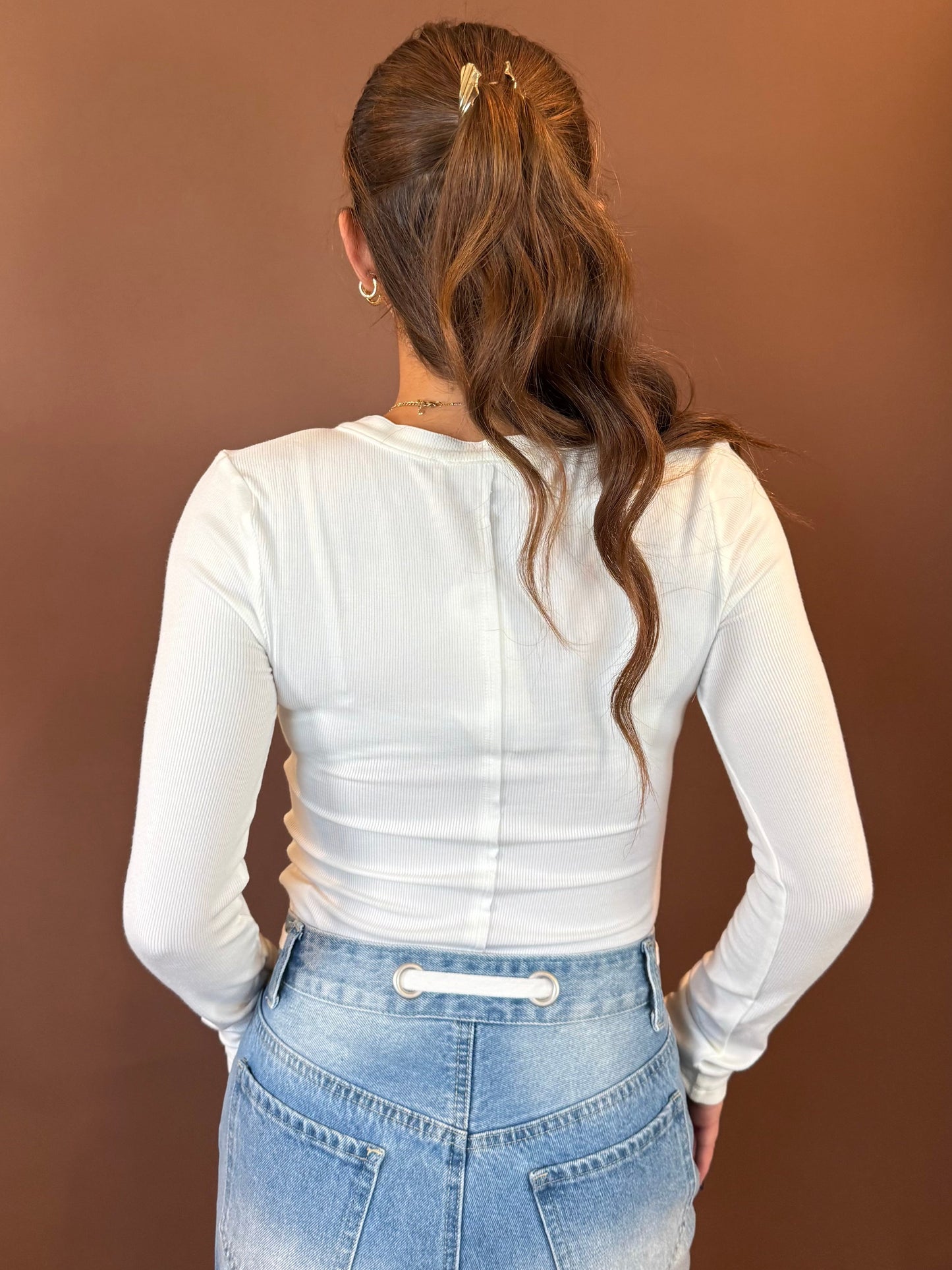 Ivy Button Up Henley Long Sleeve Top in White