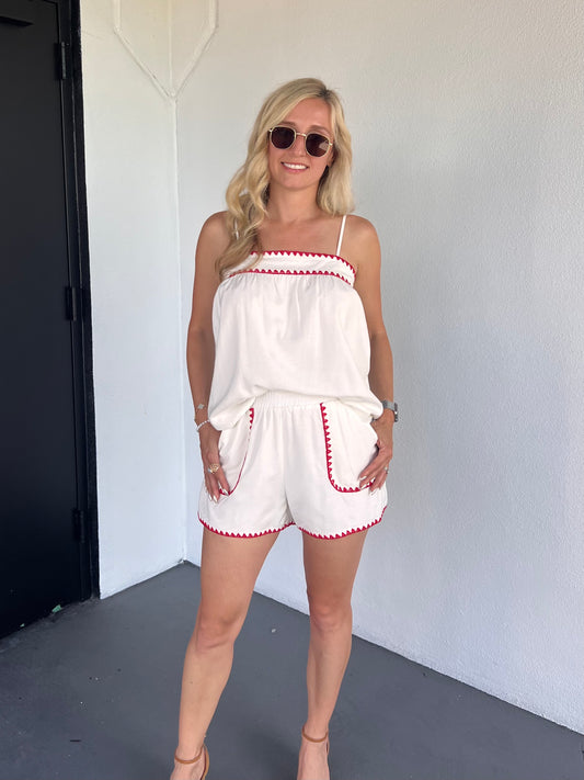 Tessa Scallop Detail Babydoll Tank & Shorts in White & Red