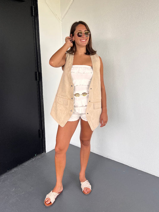 WYATT DENIM VEST IN SAND & HAVEN RUFFLE ROMPER IN WHITE