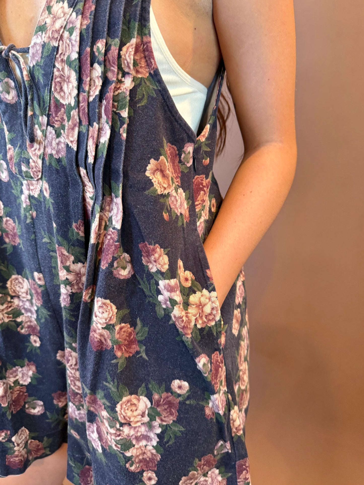Meadow Multicolor Floral Sleeveless Romper in Navy