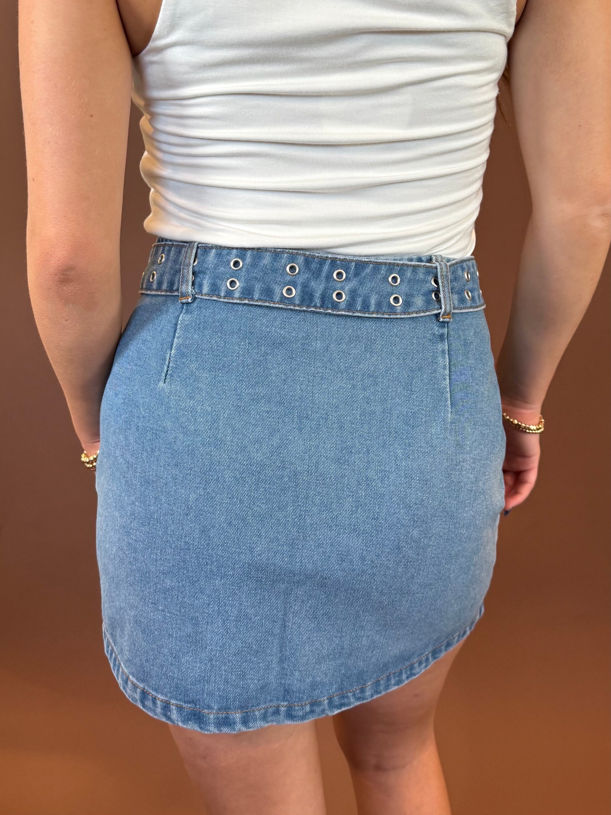 Aster Belted Mini Skirt in Denim