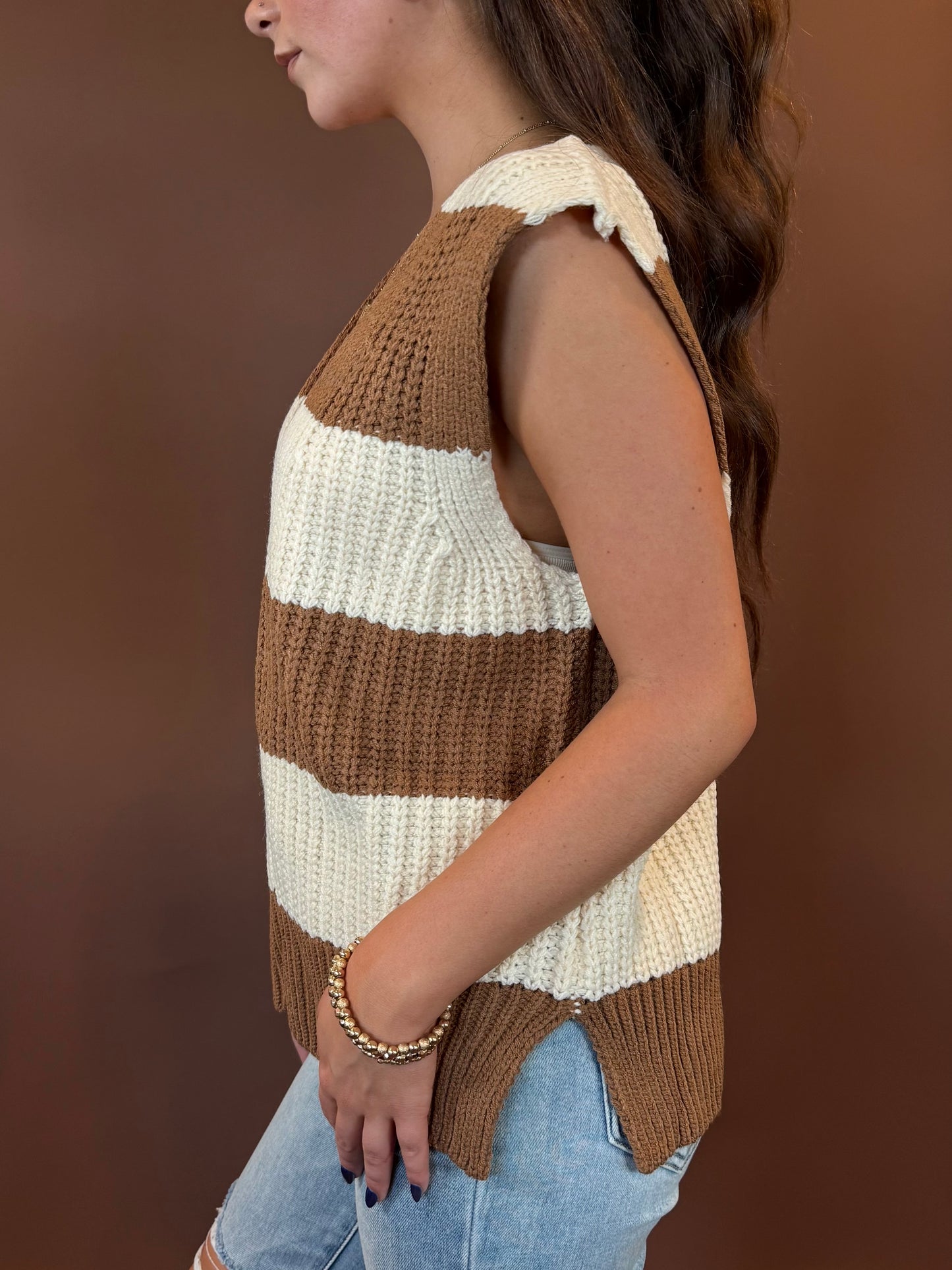 Reign Striped Sleeveless V-Neck Sweater in Mocha & Ivory