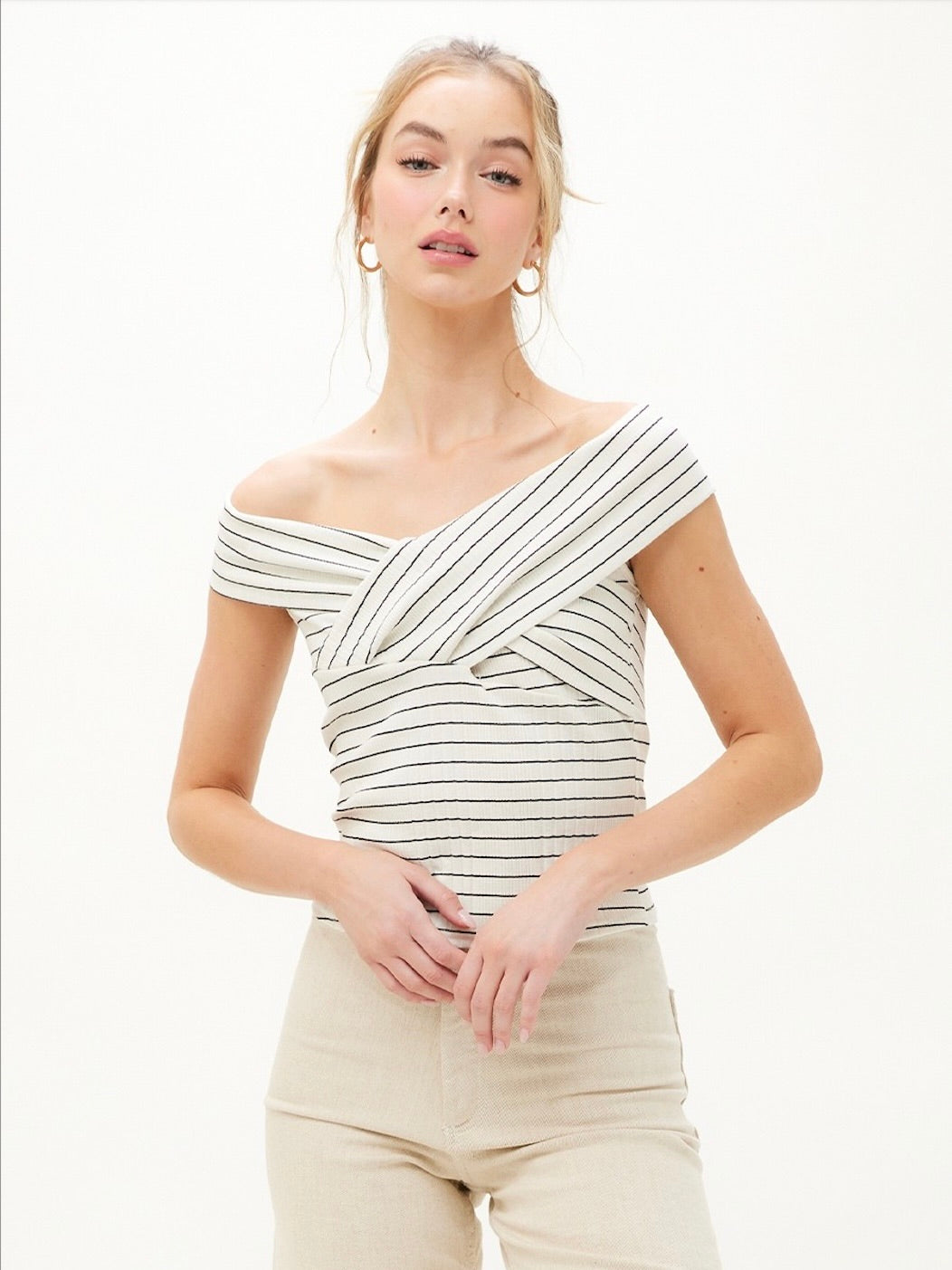 Shay Striped Off the Shoulder Top in Ivory