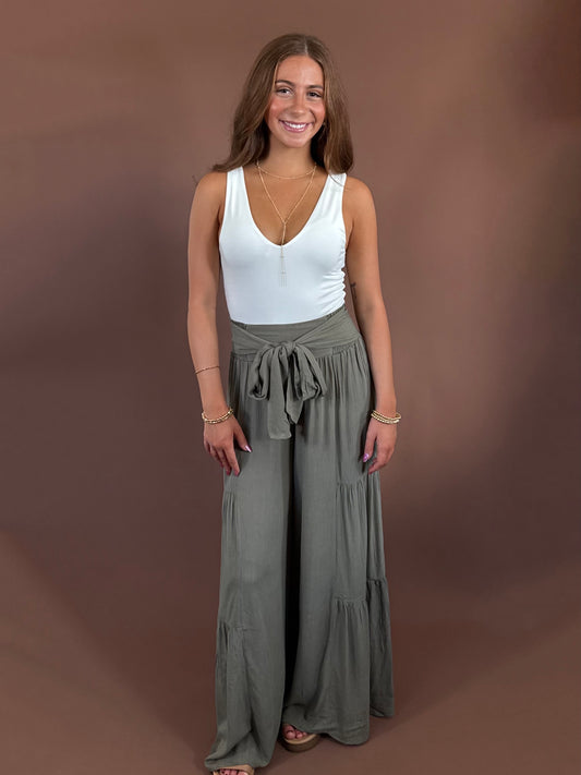 Delaney Front Tie Wide Leg Tiered Pants in Olive