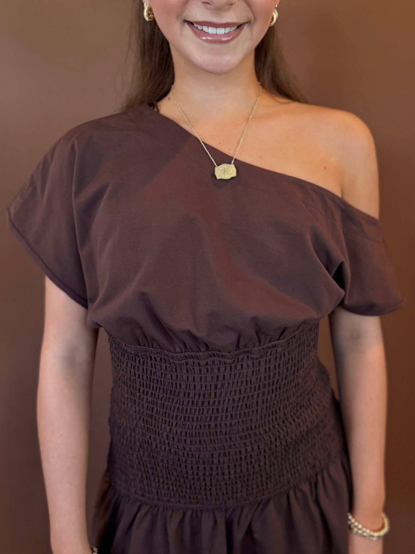 River Off the Shoulder Drop Waist Mini Dress in Chocolate Brown