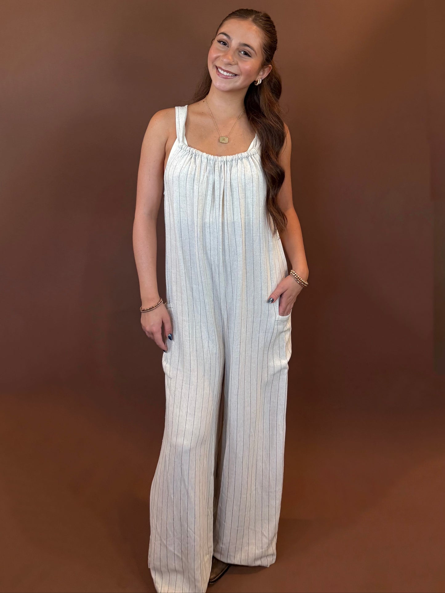 Dawson Striped Sleeveless Linen Jumpsuit in Natural