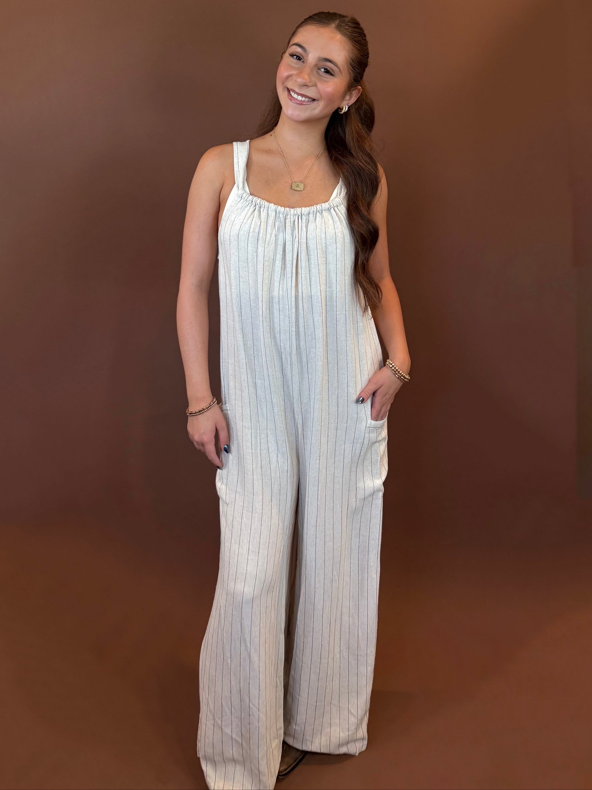 Dawson Striped Sleeveless Linen Jumpsuit in Natural