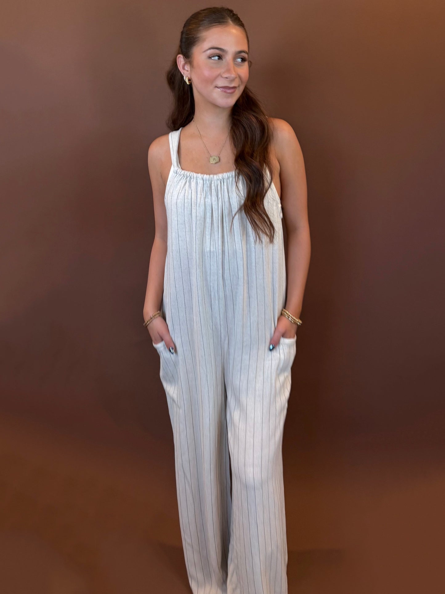 Dawson Striped Sleeveless Linen Jumpsuit in Natural
