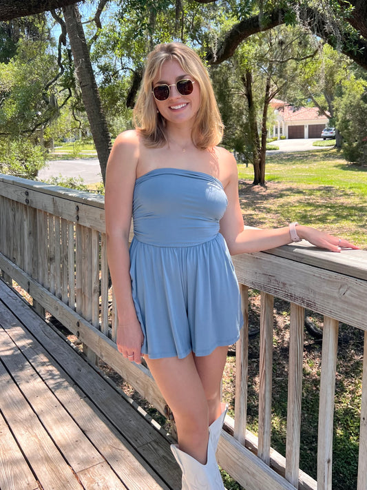 Haley Strapless Romper in Ash Blue