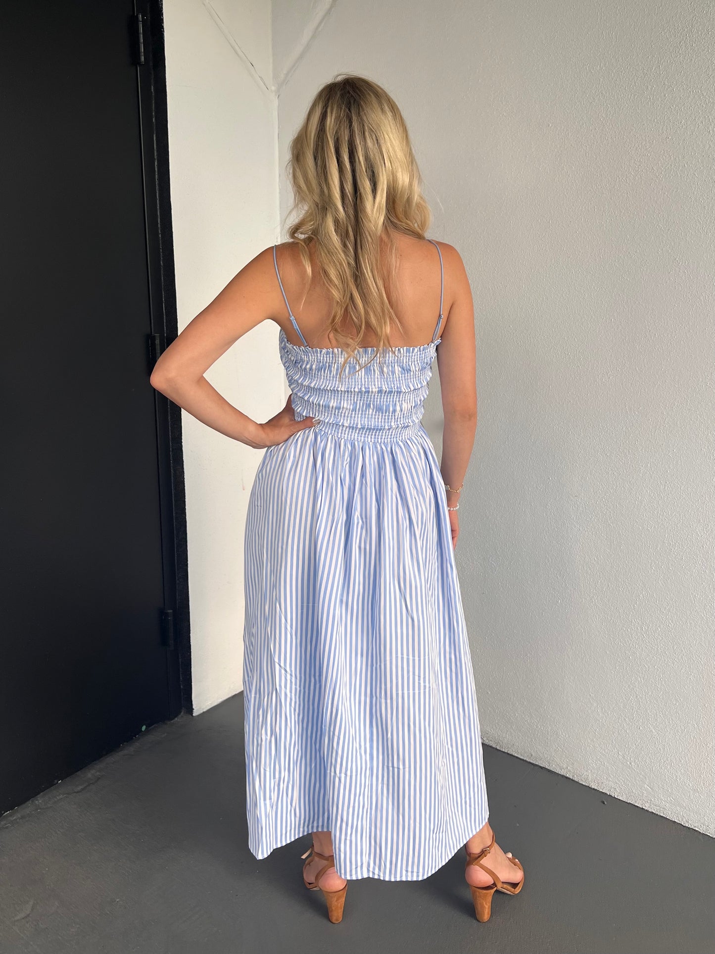 RALEIGH SMOCKED STRIPED MIDI DRESS IN BLUE