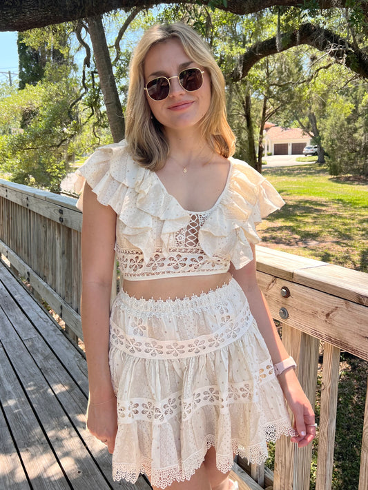 Cyrus Cream Ruffle Crochet Cropped Top