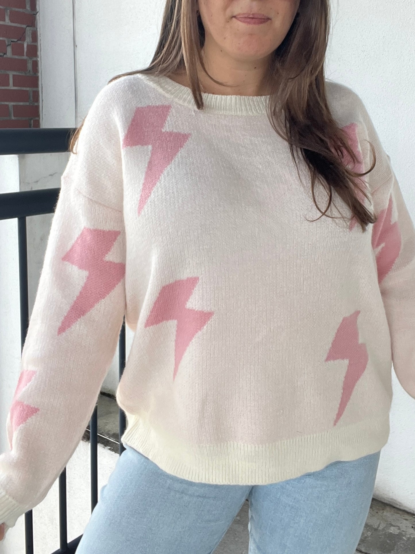 The Fighter Ivory & Pink LIghtning Bolt Print Sweater
