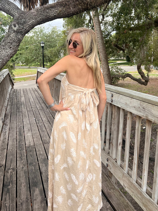 Eloise Feather Print Strapless Maxi Dress in Taupe