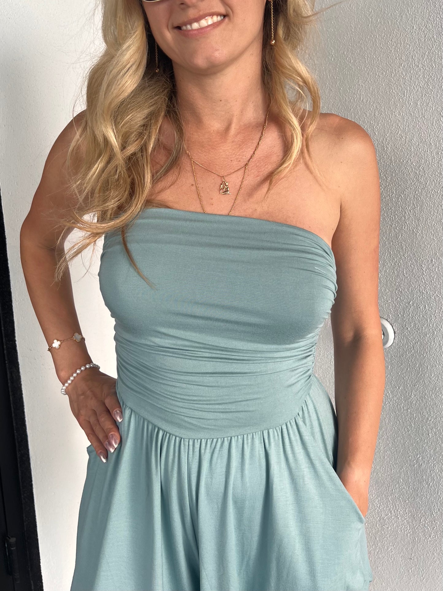 HALEY STRAPLESS ROMPER IN TEAL BLUE