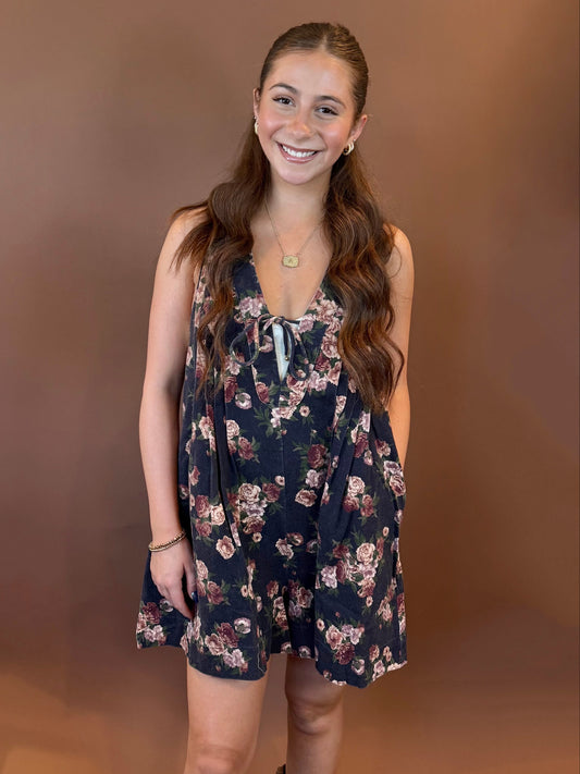 Meadow Multicolor Floral Sleeveless Romper in Navy
