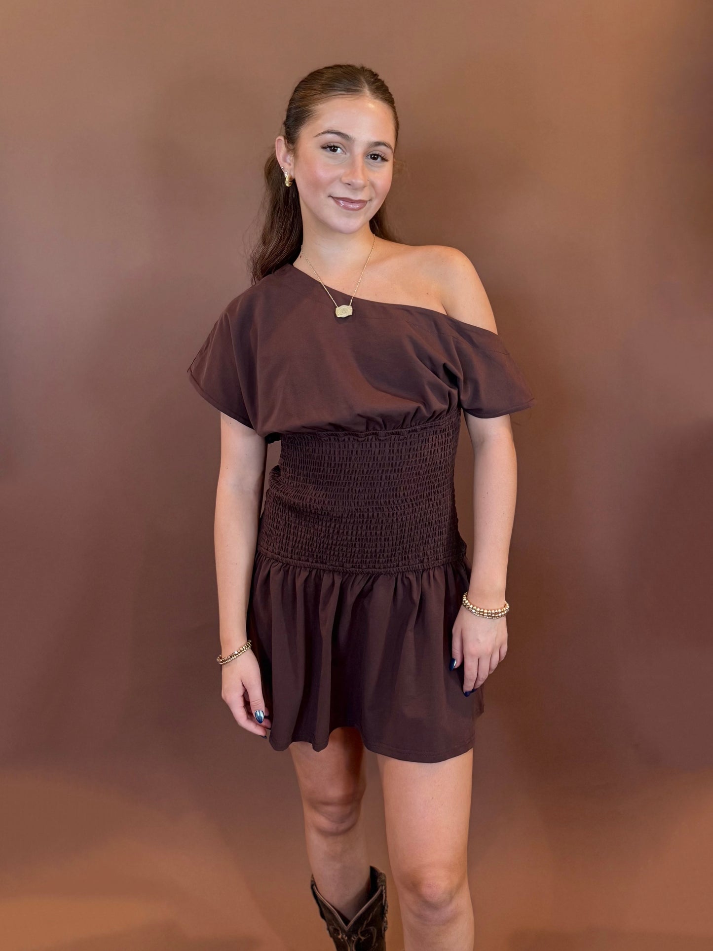 River Off the Shoulder Drop Waist Mini Dress in Chocolate Brown