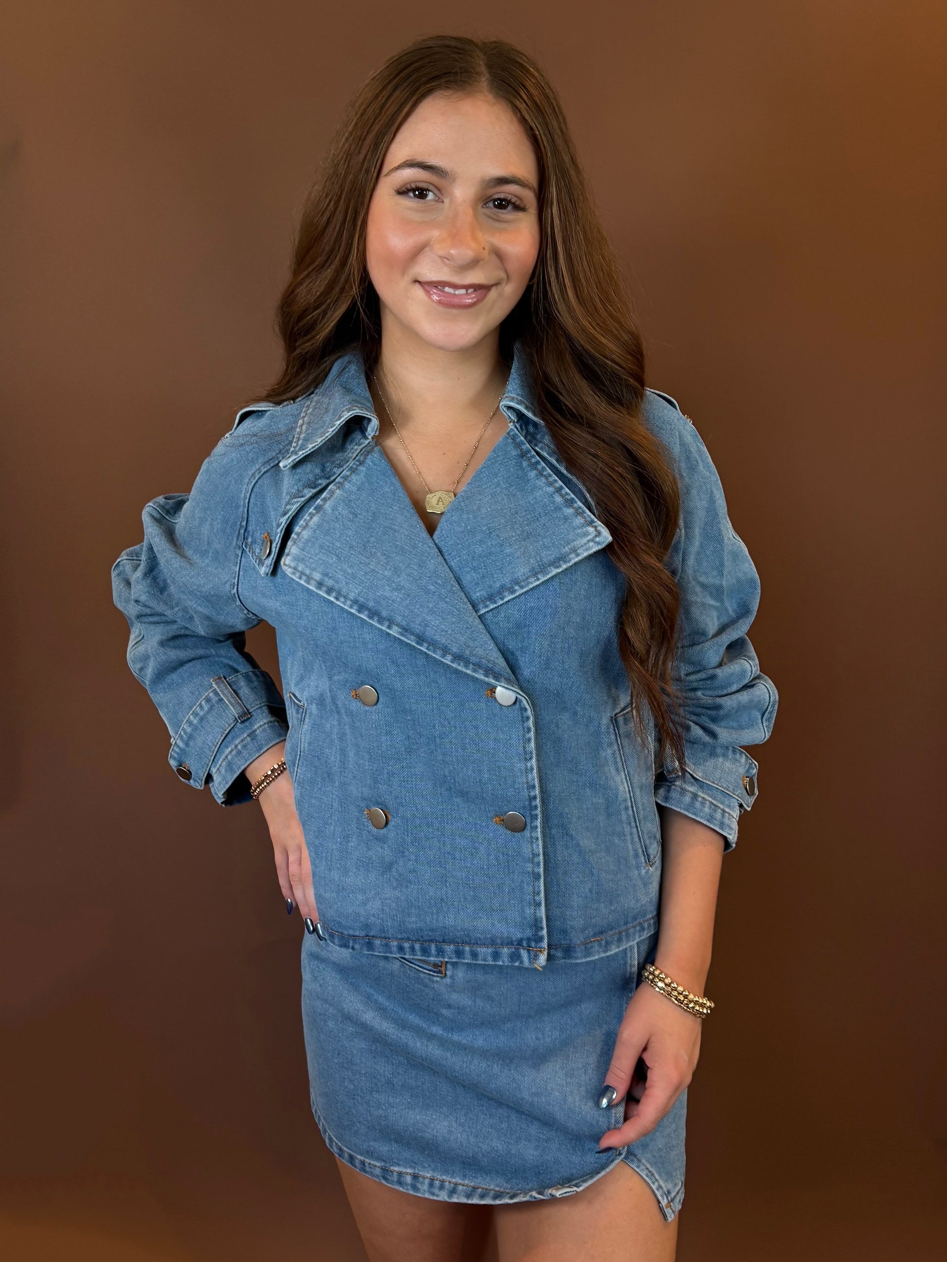 Aster Crop Trench Coat in Denim
