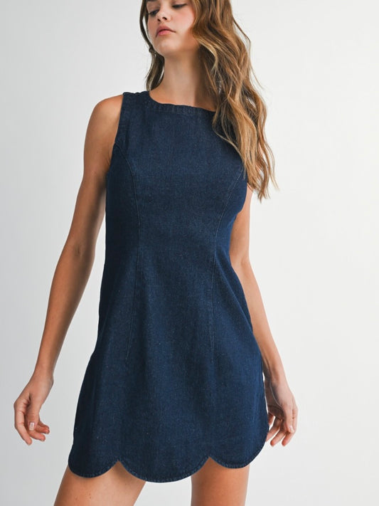 Marley Sleeveless Scallop Hem Mini Dress in Denim
