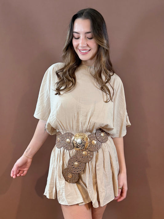 Ezra Large Disc Leather Grommet Belt in Brown & Gold