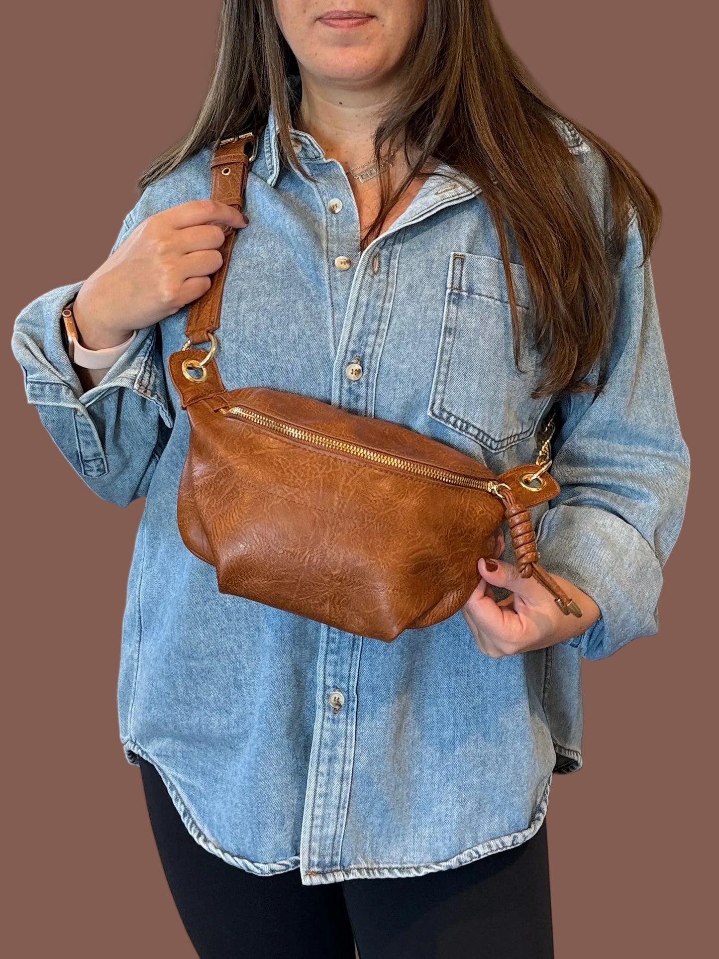 Mae Convertible Chain Sling Bag in Cognac Brown