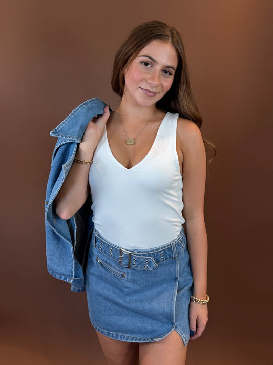 Aster Belted Mini Skirt in Denim