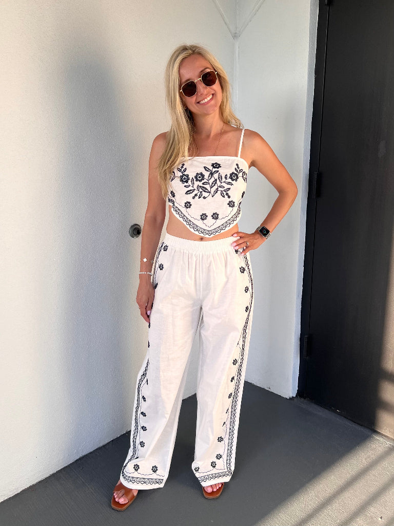 SANTORINI EMBROIDERED LINEN PANTS & SCARF TIE TANK SET IN WHITE