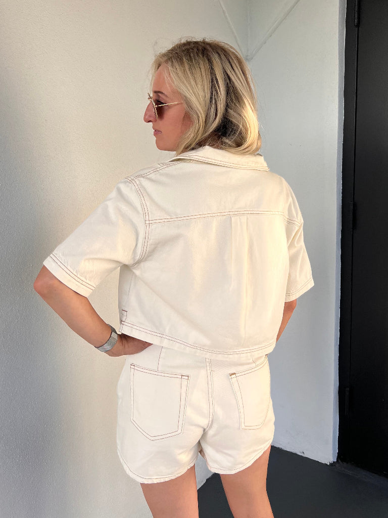 MILEY DENIM CROPPED SHIRT & SKORT SET IN ECRU