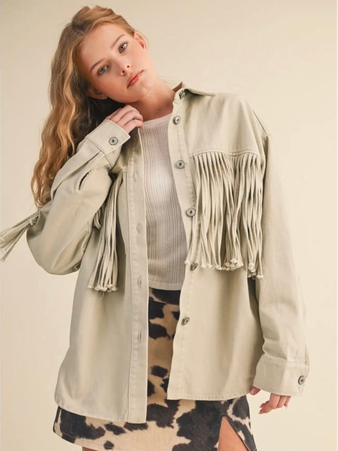 Asher Oversized Fringe Denim Jacket in Sand