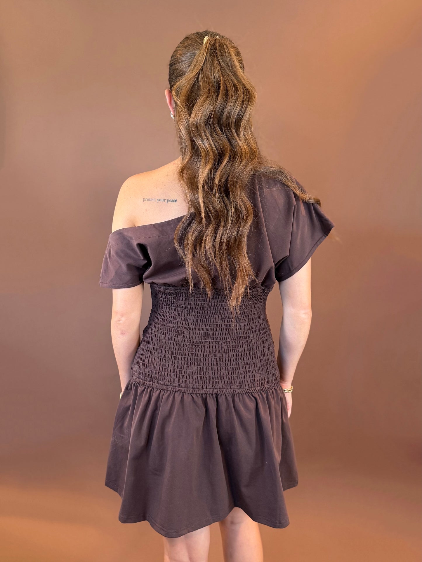 River Off the Shoulder Drop Waist Mini Dress in Chocolate Brown