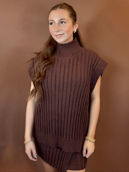Iris Sleeveless Turtleneck Oversized Sweater in Chocolate Brown