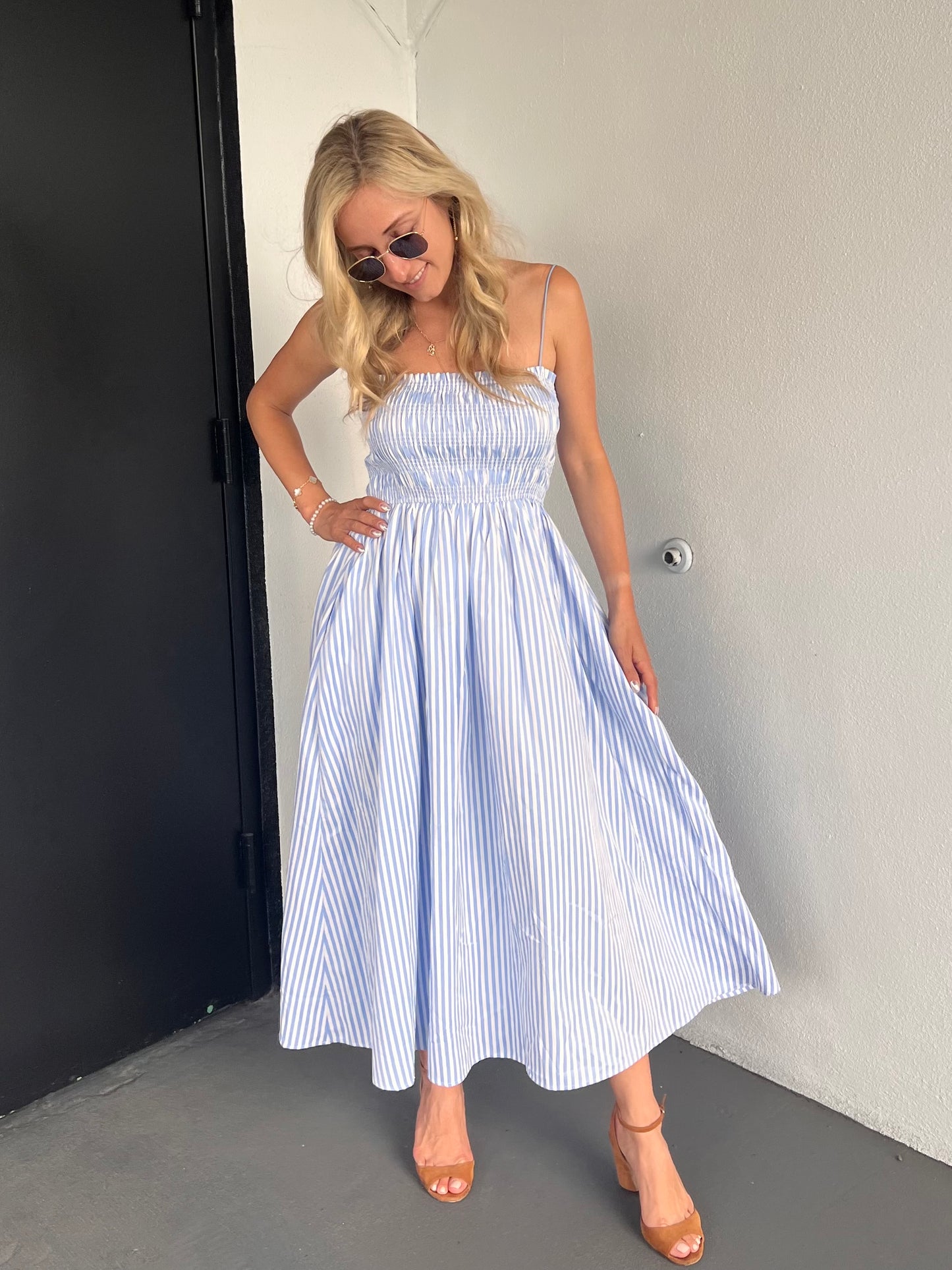RALEIGH SMOCKED STRIPED MIDI DRESS IN BLUE