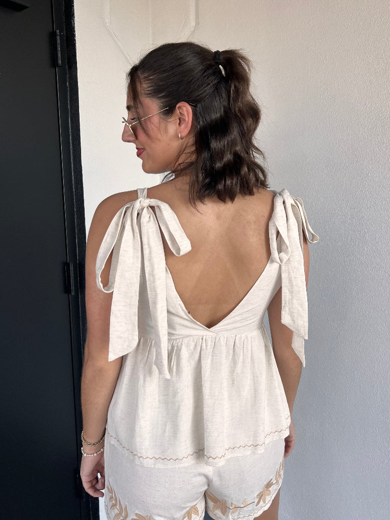 Jade Oatmeal Embroidered Tie Babydoll Tank Top