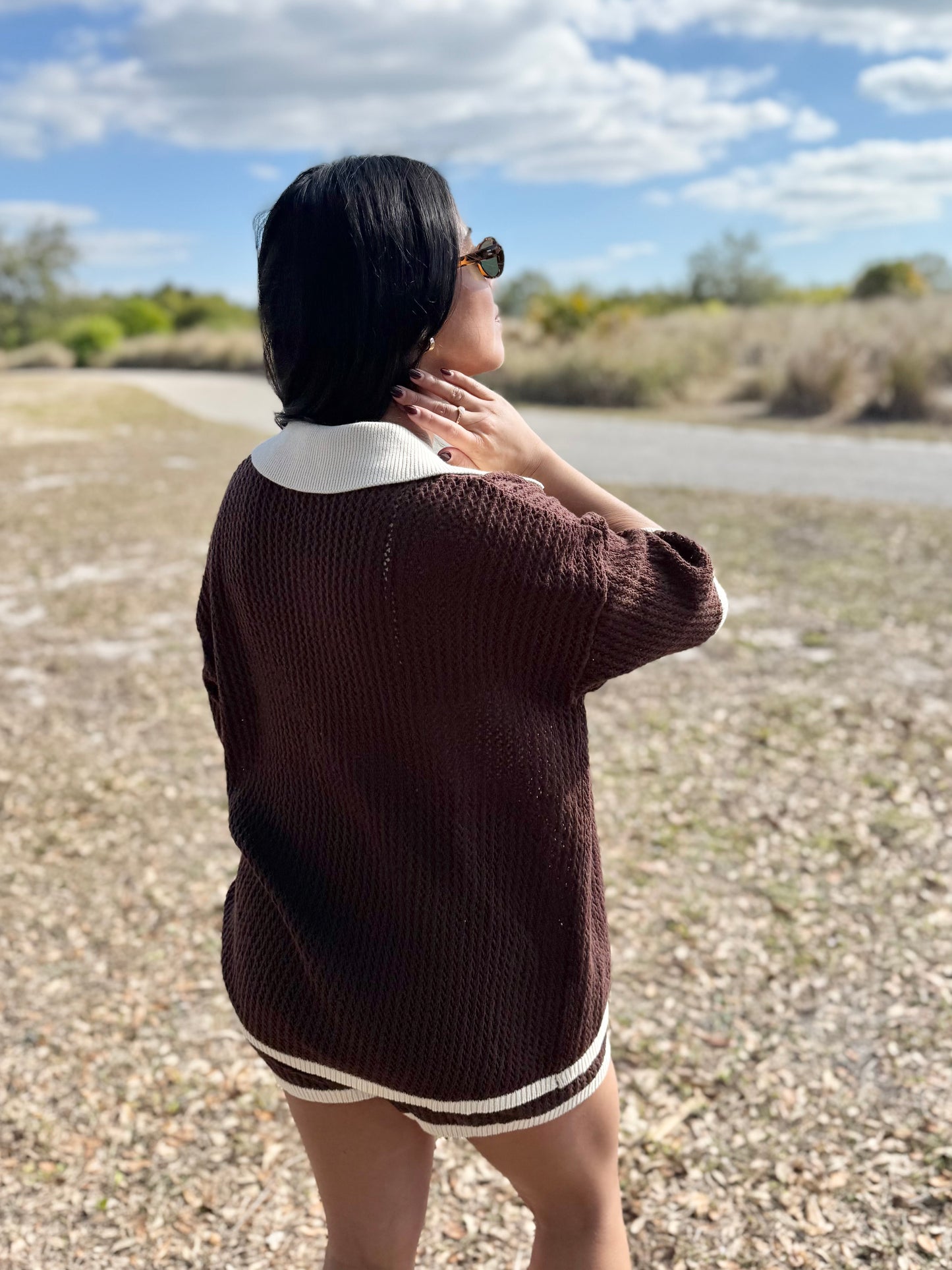 Emory Crochet Short Sleeve Top & Drawstring Shorts Set in Brown & Ivory