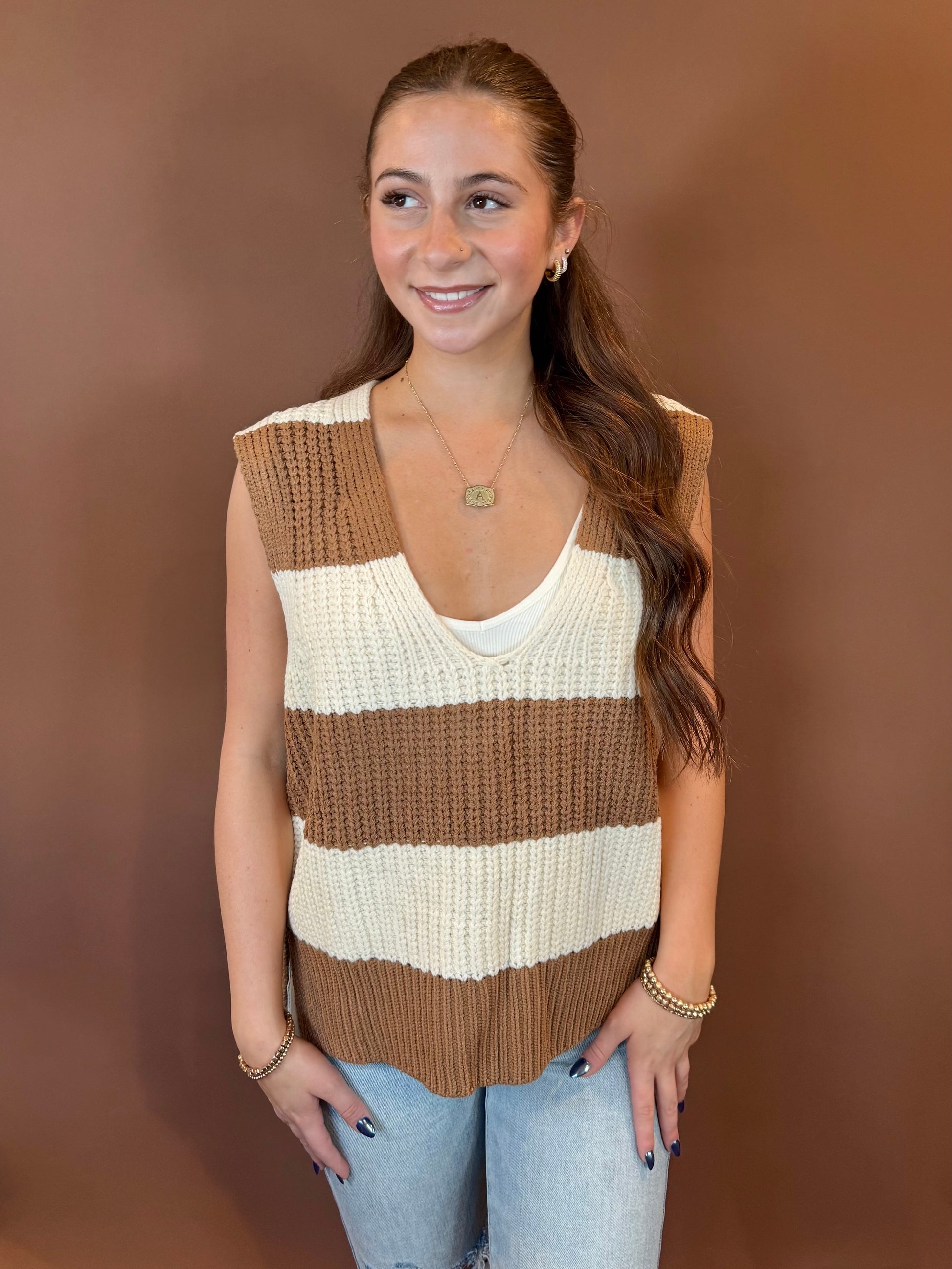 Reign Striped Sleeveless V-Neck Sweater in Mocha & Ivory