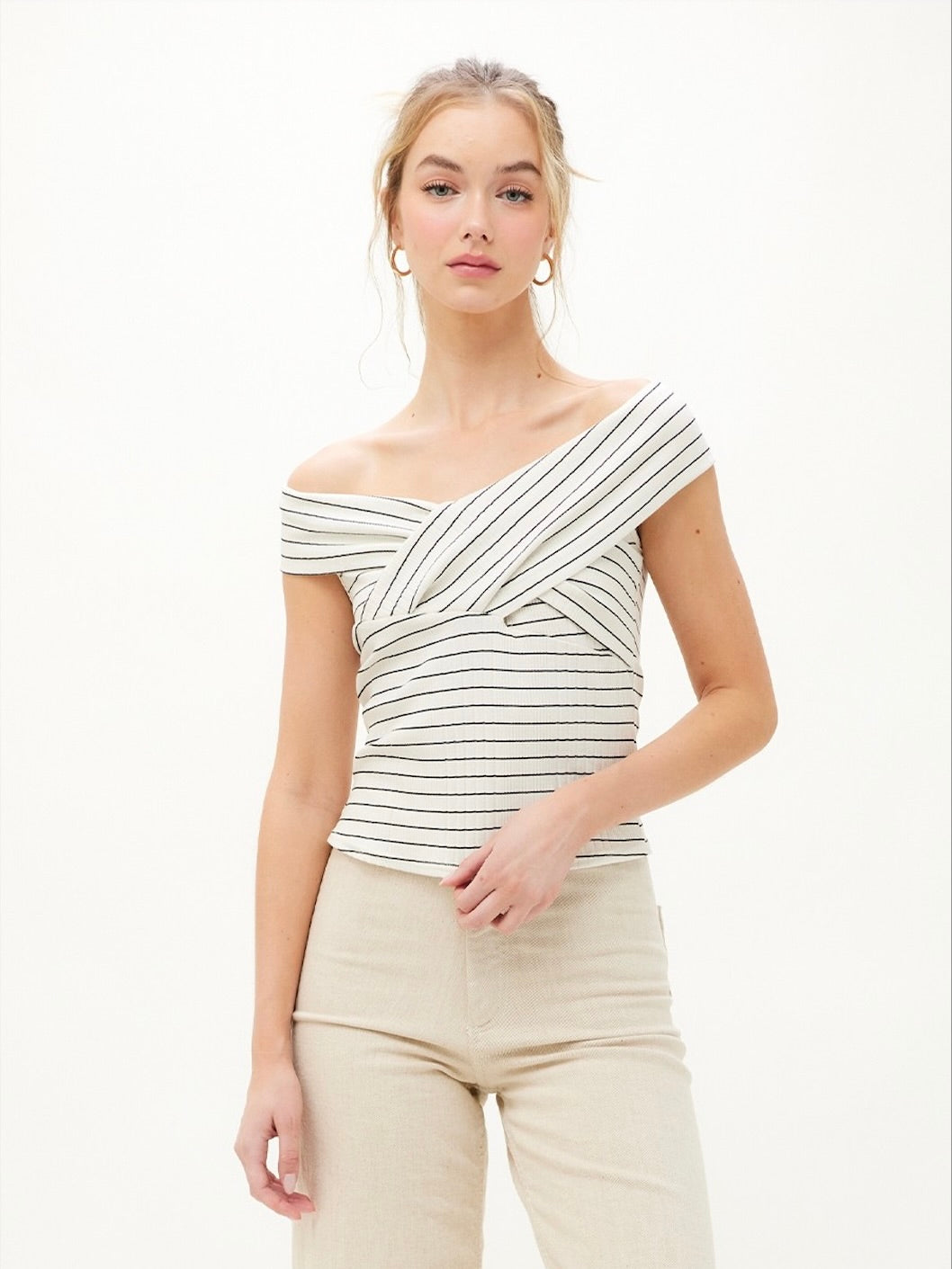 Shay Striped Off the Shoulder Top in Ivory