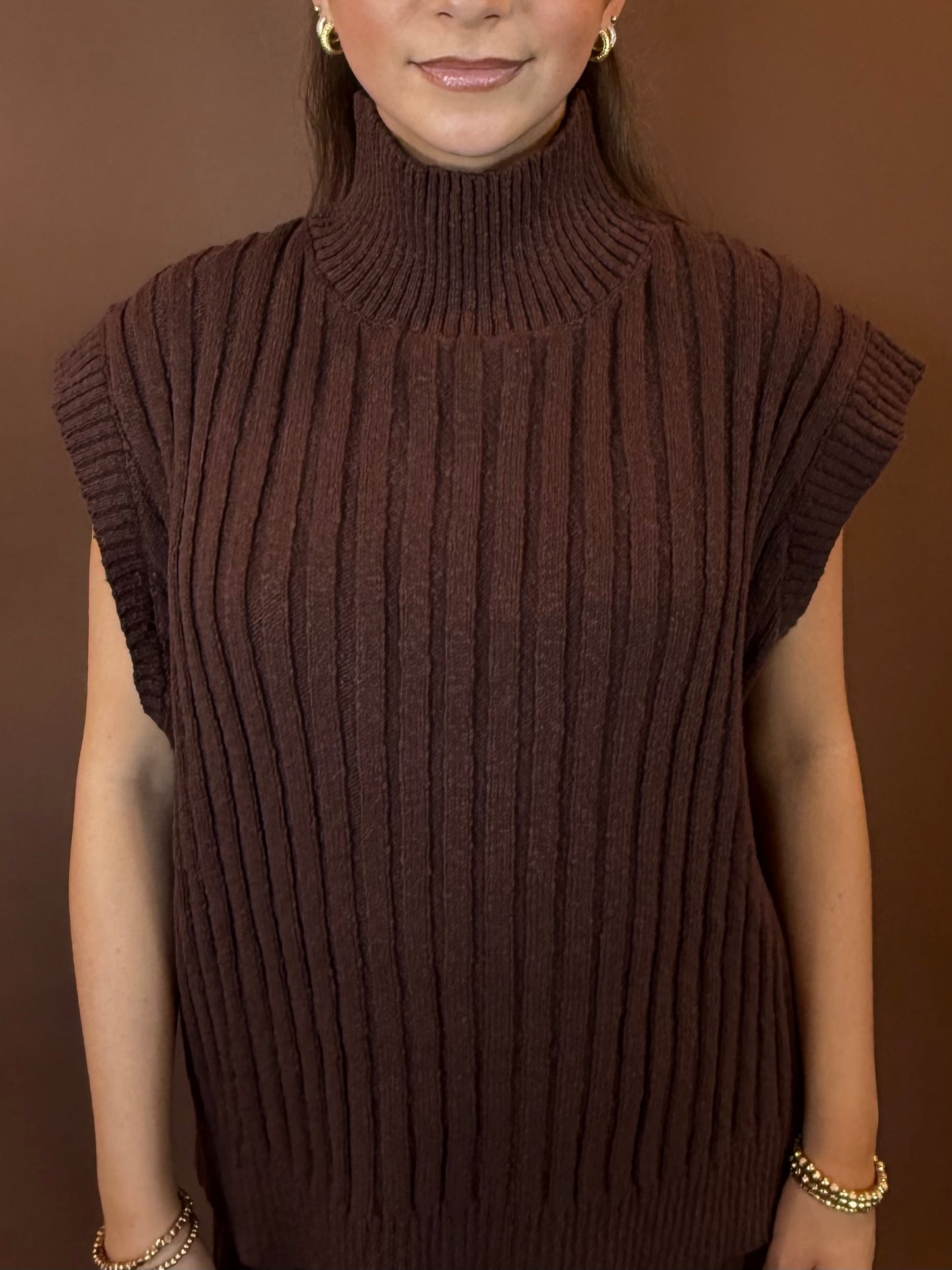 Iris Sleeveless Turtleneck Oversized Sweater in Chocolate Brown
