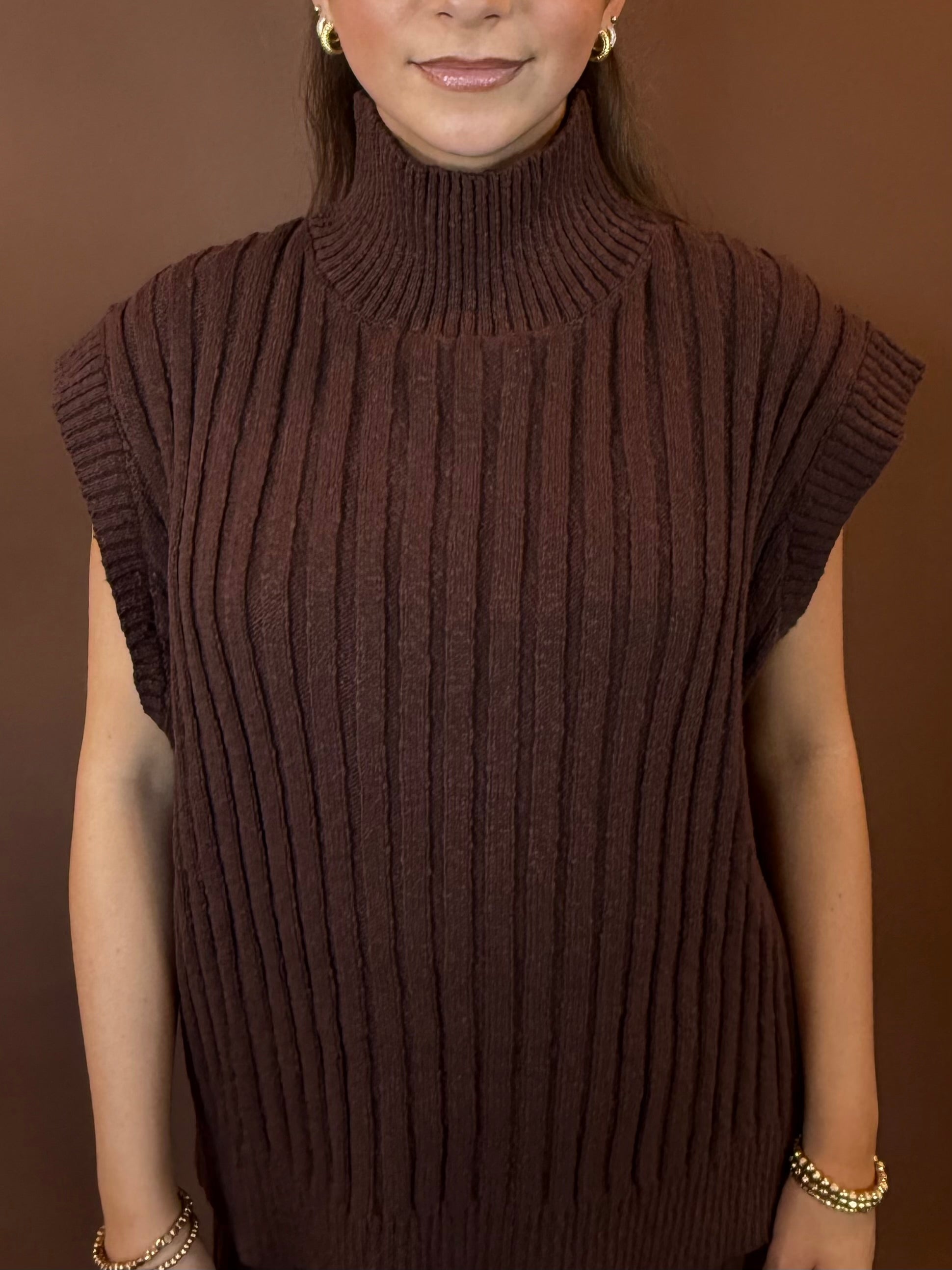 Iris Sleeveless Turtleneck Oversized Sweater in Chocolate Brown