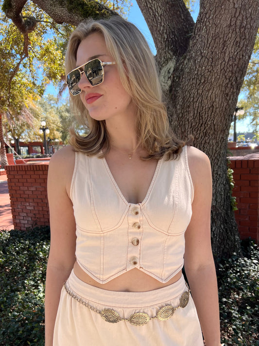 Soleil Cream Button Front Vest - styled with matching Soleil Maxi Skirt