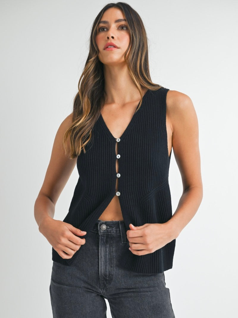 Miles Sleeveless Side Slit Sweater Vest in Black