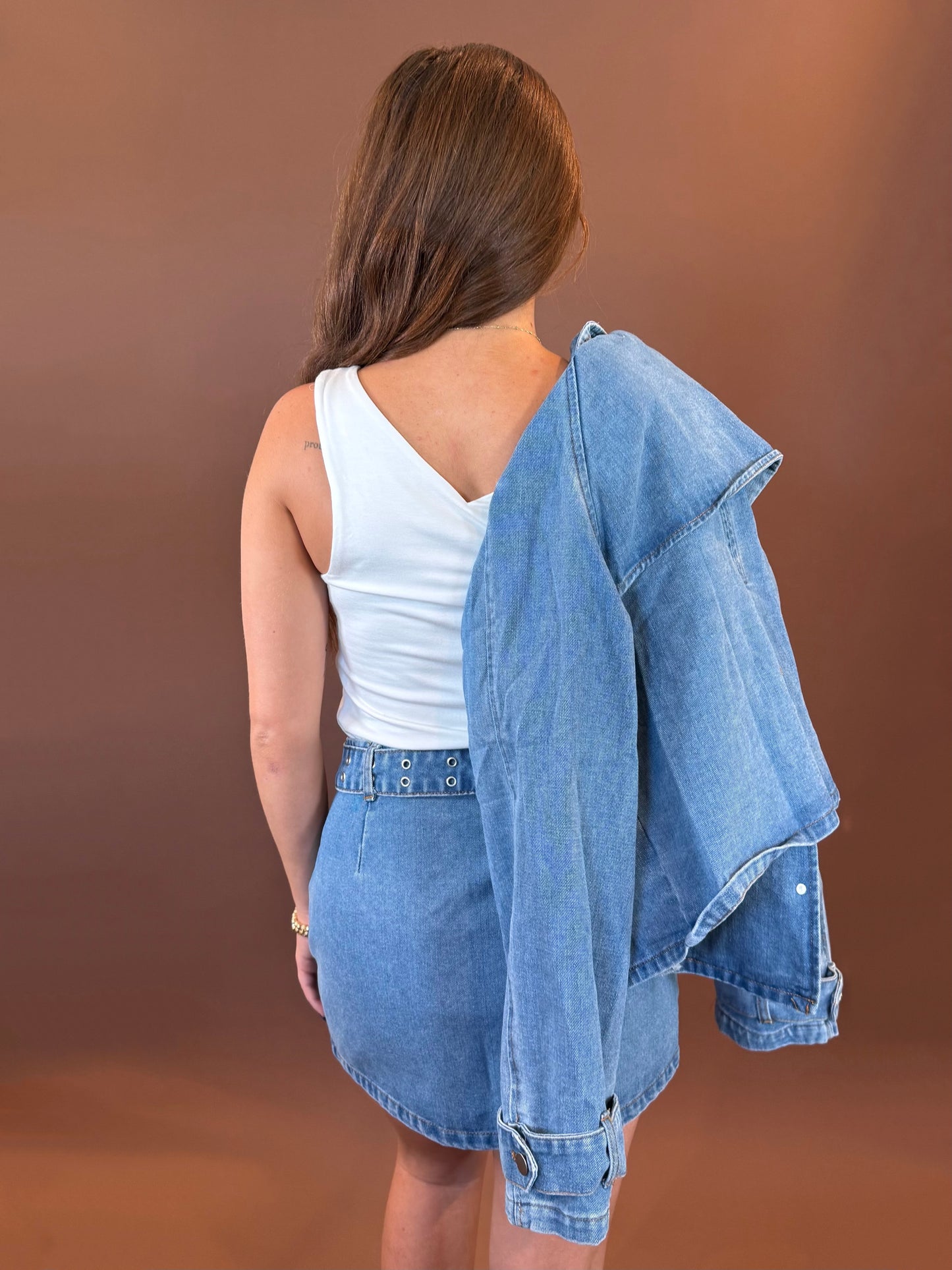 Aster Crop Trench Coat in Denim