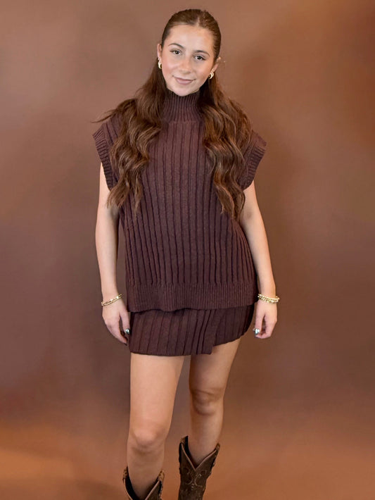Iris Sleeveless Turtleneck Oversized Sweater & Iris Sweater Mini Skirt in Chocolate Brown