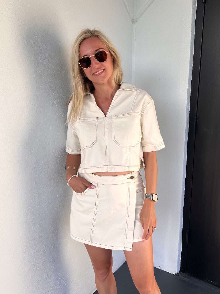 MILEY DENIM CROPPED SHIRT & SKORT SET IN ECRU