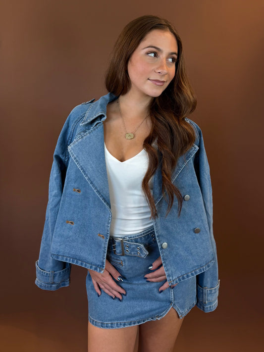 Aster Crop Trench Coat in Denim