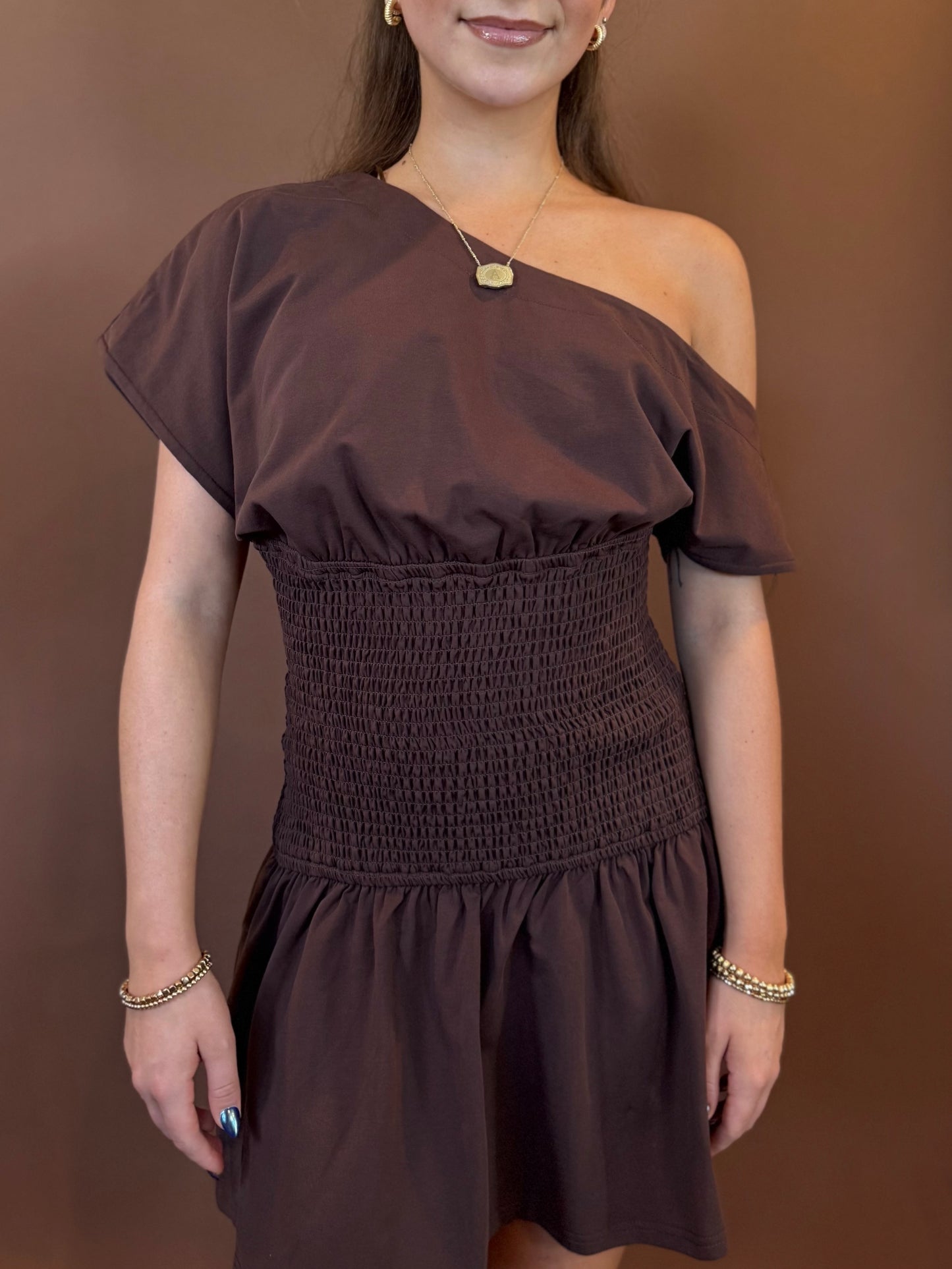 River Off the Shoulder Drop Waist Mini Dress in Chocolate Brown