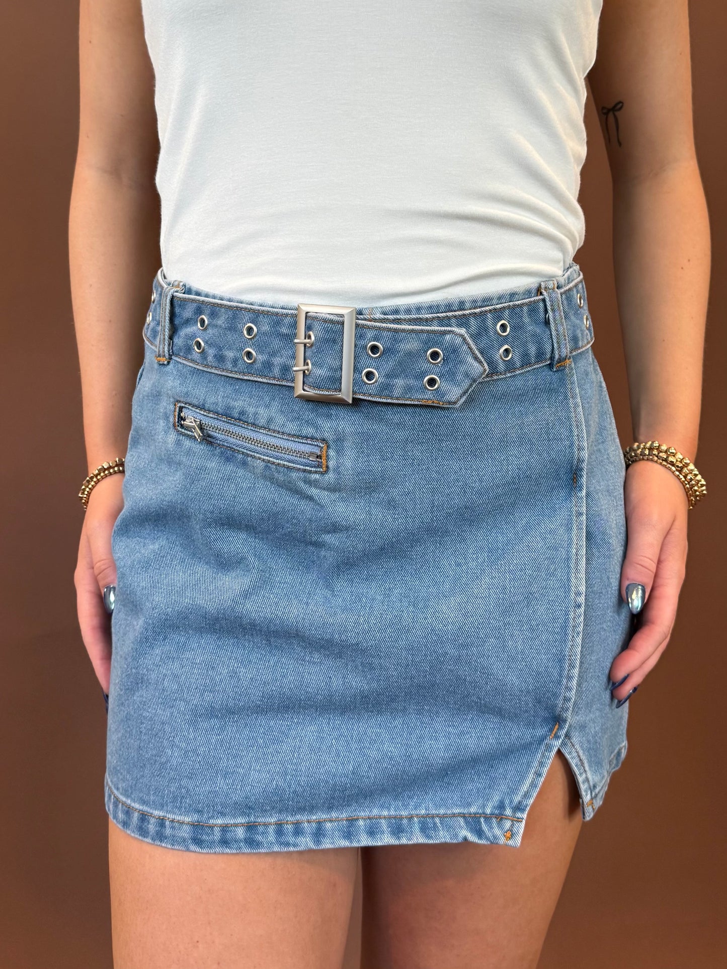 Aster Belted Mini Skirt in Denim