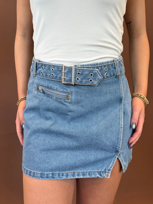 Aster Belted Mini Skirt in Denim